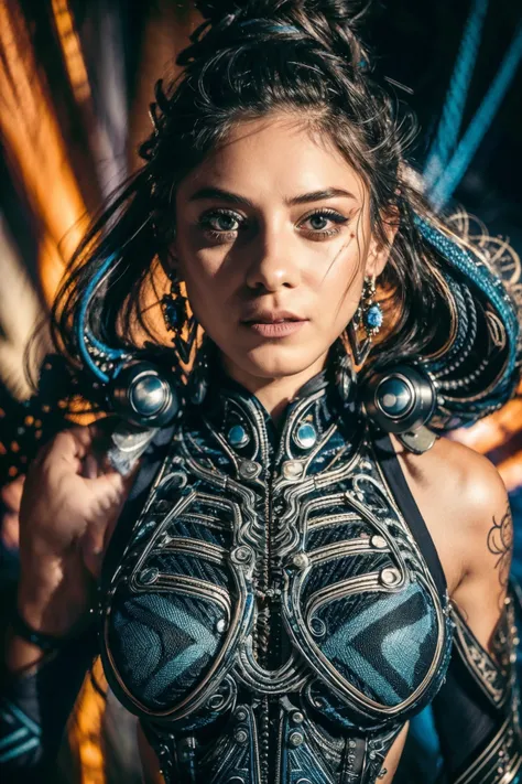 <lora:rmadart3NoiseoffsetSD1_v10:2>, <lora:Rosa_Salazar_512x768:0.85> Biomechanical hacker - shaman of the sisterhood of cables wearing cable - dress made of cables with biomechanical filigree, super haute couture highly detailed eye, highly detailed lips,...