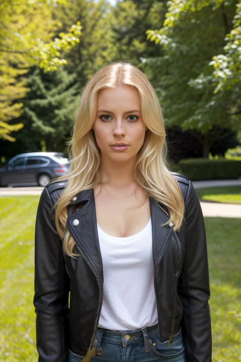 photo of woman, brita, blonde hair, long hair, black leather jacket, white shirt, black pants, cleavage, looking at viewer, high detailed skin, trees, park, grass, 8k uhd, dslr, soft lighting, high quality, film grain, Fujifilm XT3  <lora:BritaV2:1>