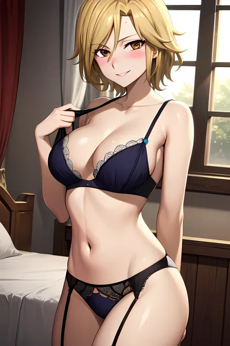 masterpiece, absurdres , (intricate details), (colorful),cinematic lighting,bust shot,extremely detailed CG unity 8k wallpaper, <lora:dimaria-051:0.8> dimariayesta, lingerie, garter straps, bed, indoors,window, bra pull, (blush:1.2), looking at viewer, sed...