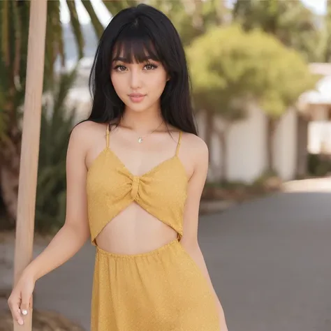 girl with blackhair, brown eyes, black cleopatra eyeliner, pink lips, wearing teasing, wearing yellow detailed short dress , hawai outdoor sun, posing,cute ass  sexy, sexy face , perfect face, perfect body, ultra-detailed face, ultra-detailed eyes, looking...