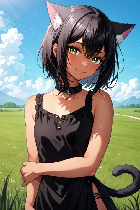 traditional media, masterpiece, best quality, (shiny),
solo, female focus, portrait, upper body, looking at viewer, torso, collarbone, (fair skin), hands behind back, 
cat girl, cat ears, bob cut, short hair, black hair, lime green eyes, ((slit) pupils), s...