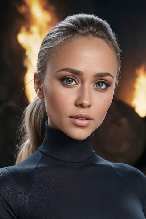 closeup headshot of S255_AngelinaKuznetsova,an attractive woman,in front of (burning-logs:1.1),wearing a (turtleneck:1.1),(4k, RAW photo, best quality, depth of field, ultra high res:1.1),(absurdres, intricate, photorealistic, masterpiece, ultra-detailed:1...