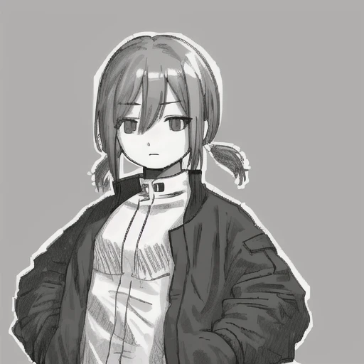 1girl, solo, looking at viewer, short hair, simple background, twintails, closed mouth, jacket, monochrome, upper body, open clothes, open jacket, expressionless, short twintails, pocket, white outline <lora:HotelDusk-15:1>