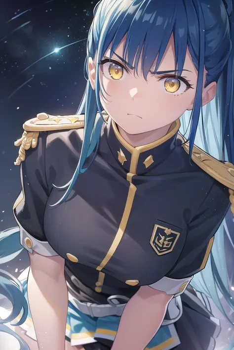 himariazuma, <lora:himari azuma manga-lora-nochekaiser:1>,
himari azuma, long hair, hair rings, (blue hair:1.5), (yellow eyes:1.5), frown, angry,
BREAK skirt, thighhighs, epaulettes, military, military uniform, black uniform,
BREAK outdoors, space, starry ...