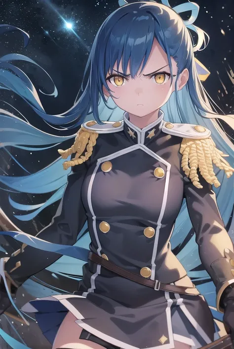 himariazuma, <lora:himari azuma manga-lora-nochekaiser:1>,
himari azuma, long hair, hair rings, (blue hair:1.5), (yellow eyes:1.5), frown, angry,
BREAK skirt, thighhighs, epaulettes, military, military uniform, black uniform,
BREAK outdoors, space, starry ...
