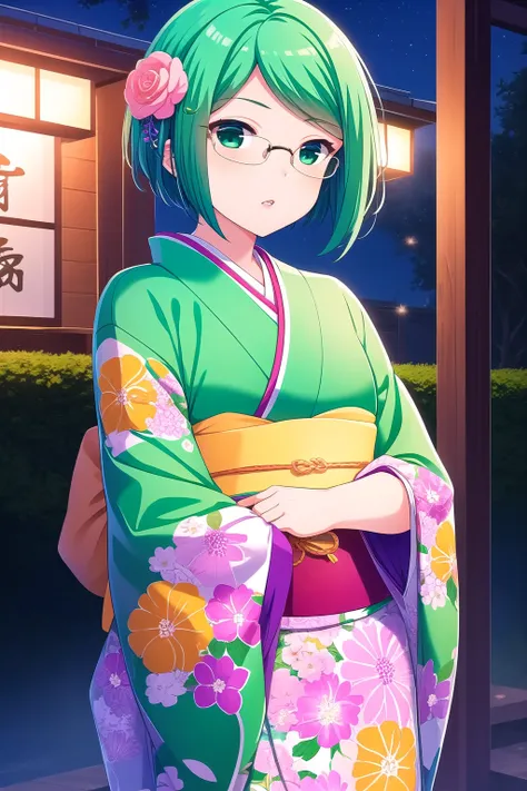 (masterpiece, best quality), highly detailed background, perfect lightingbest quality, touyamamisuzu, solo, outdoors, night, green hair, hair flower, hair ornament, short hair, glasses, green eyes, purple kimono, floral print, <lora:GoodHands-vanilla:1>, j...