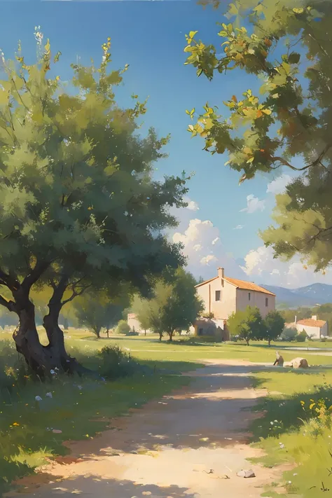 oil painting,Impressionism,oil painting with brushstrokes, (masterpiece, realistic:1.1), french mediterranean countryside, olive trees, beautiful scenery, sky, detailed,