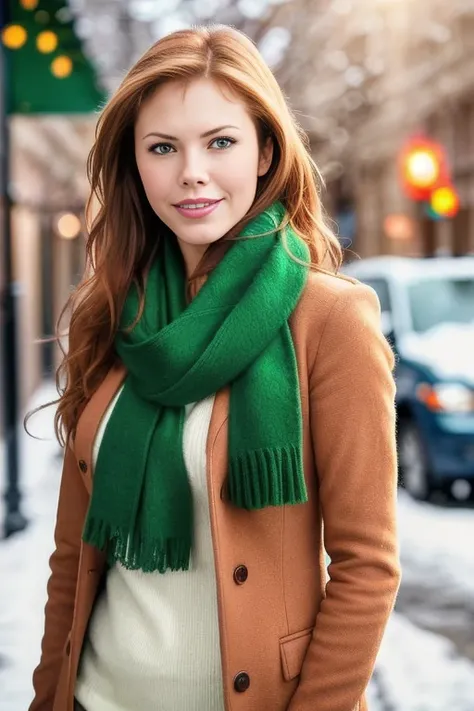 NikC0xTTXV1,
a beautiful woman posing for professional masterpiece photo in casual clothes with a green scarf, (cold winter street ambience:1.3),
(natural light), (high quality photography), (intricate details), (8k), (HDR), (sharp focus), (medium shot vie...