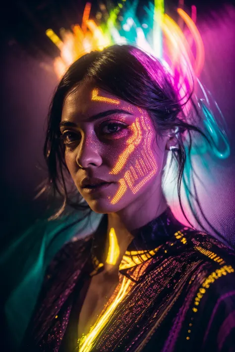 dark cinematic photograph, slow shutter photography portrait, lightstreaks, double exposure, smoke, haze, neon vibe, Holographic poltergeists, chaotically harmonious & whimsically gravitas, sublimely ridiculous and disconcertingly serene, neon colors yello...