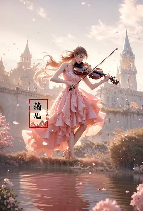 (A girl in a dress is in the air:1.3), playing a violin, (wide shot, wide-angle lens,Panoramic:1.2),super vista, super wide AngleLow Angle shooting, super wide lens, Castle background
violinbare shoulderspetalspink dressfrom belowblurry foreground ...