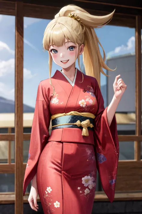 masterpiece, best quality, highres, 1girl ponytail hair ornament <lora:krystal_kekkon_yubiwa_no_outfit:1> kimono, smile