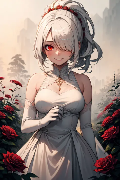 1girl, solo, detailed eyes, detailed iris, mature face, mature, detailed face, shining short hair, wild and messy hair, (hair over one eye:1.3), high ponytail, sidelocks, white hair, reddish pink eyes, (glowing eyes:1.3), blush, crazy smile, creepy smile, ...