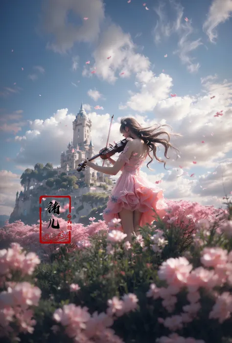 (A girl in a dress is in the air:1.3), playing a violin, (wide shot, wide-angle lens,Panoramic:1.2),super vista, super wide AngleLow Angle shooting, super wide lens, Castle background(back:1.4),
violinbare shoulderspetalspink dressfrom belowblurry f...