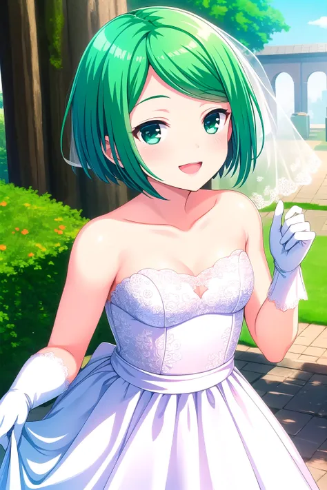 (masterpiece, best quality), highly detailed background, perfect lightingbest quality, touyamamisuzu, solo, outdoors, bridal veil, green hair, short hair, green eyes, wedding dress, white dress, <lora:GoodHands-vanilla:1>, white gloves, white skirt, frille...