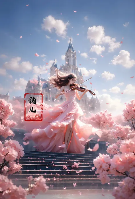 (A girl in a dress is in the air:1.3), playing a violin, (wide shot, wide-angle lens,Panoramic:1.2),super vista, super wide AngleLow Angle shooting, super wide lens,
violinbare shoulderspetalspink dressfrom below(white hair:1.2)blurry foreground
(f...