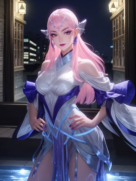 WZRYdiaochanMYHW, 1girl, long hair, solo, pink hair, dress, hair ornament, bangs, looking at viewer, long sleeves,shiny,wide sleeves, bare shoulders,,cityscape, night,pool,double bun,  makeup,red eyelashes,mature female, standing, <lora:WZRYdiaochanMYHWgft...