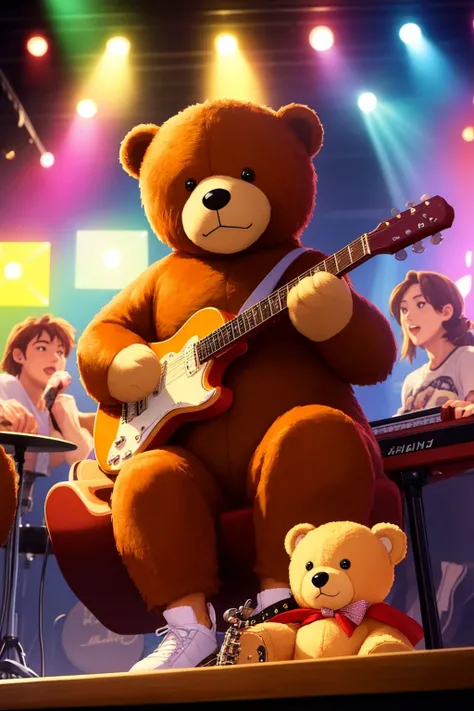 (Masterpiece, best quality:1.2), Animal-personified bear, 1 teddybear, playing guitar in a club
