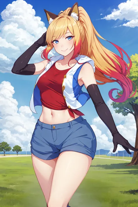 daina, 1girl, solo, long hair, ponytail, multicolored hair, bangs, blue eyes, blonde hair,fox_ears, looking at viewer, smile, collarbone, red shirt,sleeveless jacket, elbow gloves, thighs, outdoors, park,