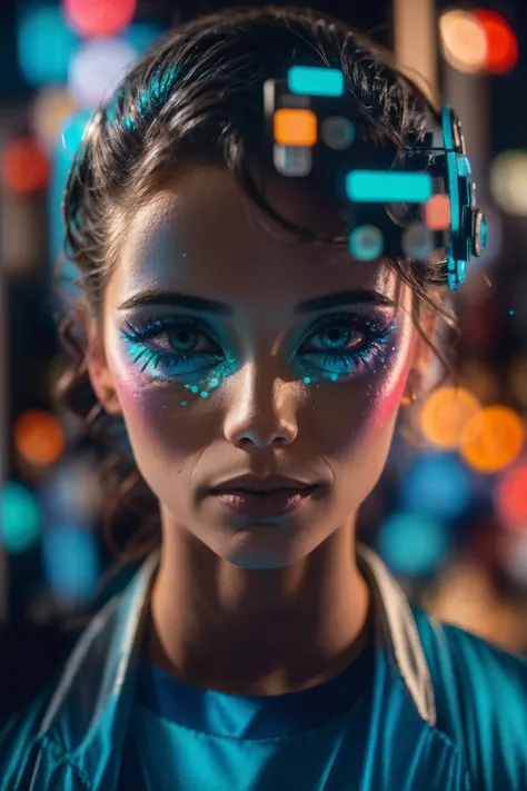 <lora:Elizabeth_Berkley_512x768:0.85> wears a pastel costume, in the style of anaglyph filter, by Brandon Woelfel, rainbowcore, robotic expressionism, (masterpiece:1.5) (photorealistic:1.1) (bokeh) (best quality) (detailed) (intricate) (8k) (HDR) (wallpape...