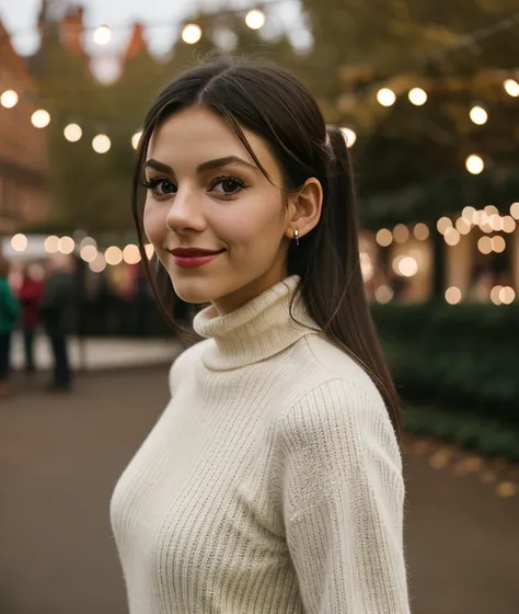 photo of v1cj7 , RAW, Christmas environment, Spectacular light, Christmas decorations, Festive, Christmas sweater Turtleneck, Colorful flowering, 8k, soft lighting, high quality, film grain, Olympus OM1 sharp focus, f 3.4, (eyeliner), (seductive pose), bre...