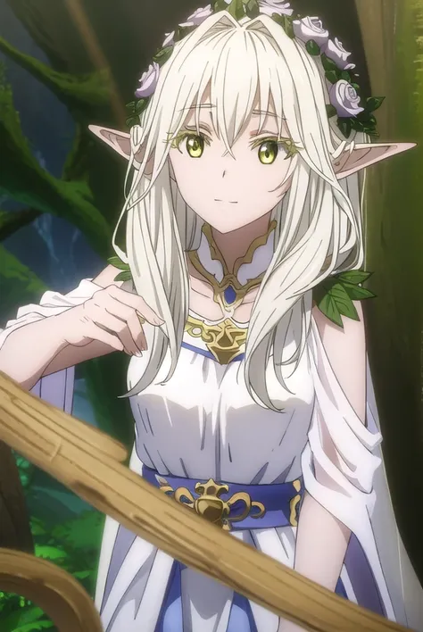 forestprincess, <lora:forest princess s2-lora-nochekaiser:1>,
forest princess, long hair, hair ornament, hair between eyes, (yellow eyes:1.3), white hair, flowers, pointy ears, hair flower, rose, hair intakes, elf, smile,
BREAK dress, collarbone, white dre...