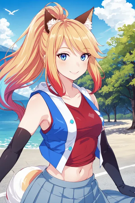 daina, 1girl, solo, long hair, ponytail, multicolored hair, bangs, blue eyes, blonde hair,fox_ears, looking at viewer, smile, collarbone, red shirt,sleeveless jacket, elbow gloves, skirt, outdoors, park, scenic