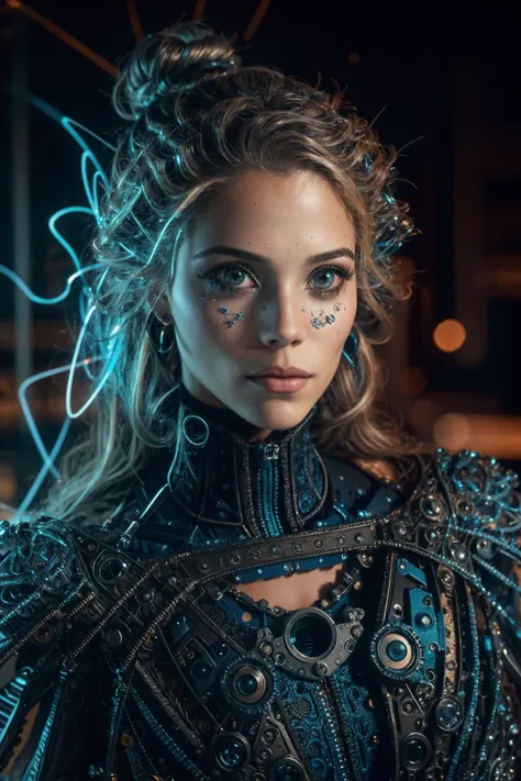 <lora:rmadart3NoiseoffsetSD1_v10:2>, Biomechanical hacker - shaman of the sisterhood of cables wearing cable - dress made of cables with biomechanical filigree, super haute couture highly detailed eye, highly detailed lips, highly detailed skin, bokeh, len...