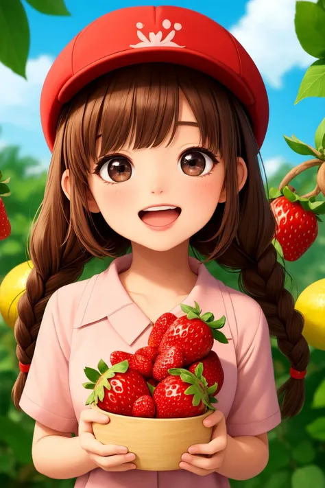 masterpiece, best quality, dramatic, 1girl, solo, long hair, smile, open mouth, bangs, brown hair, hat, strawberry, holding fruit, upper body, braid,chibi, black eyes, twin braids, fruit, red headwear, cropped torso