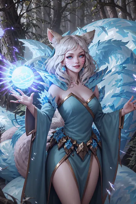 1girl, IncrsAhriWinterQueen, whisker markings, facial mark, <lora:AhriWinterQueen:1>, fox tail, multiple tails, ice, blue dress, seductive smile, energy ball, energy,