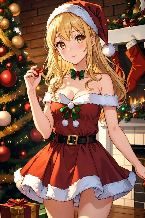 1girl, blonde hair, gold eyes, <lora:Santa Dress_v1:1> santa dress, christmas tree