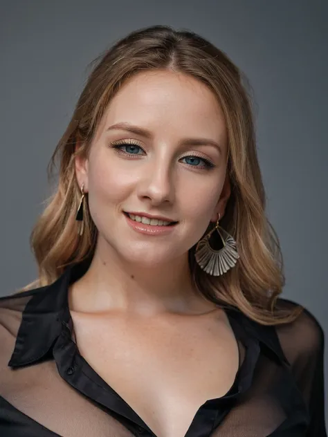 Realistic photo of a beautiful m3l1ss4rs woman,  1girl,solo,long hair,looking at viewer,smile,open mouth,blue eyes,blonde hair,simple background,shirt,jewelry,upper body,earrings,teeth,grey background,lips,black shirt,portrait,realistic, soft lighting, pro...