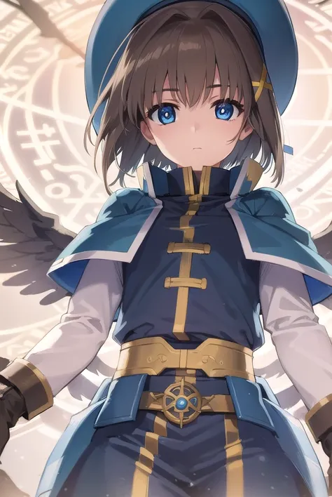 hayateyagami, <lora:hayate yagami v2-lora-nochekaiser:1>,
hayate yagami, yagami hayate, short hair, blue eyes, brown hair, hair ornament, x hair ornament,
BREAK fingerless gloves, gloves, hair ornament, hat, magic circle, magical girl, waist cape, wings,
B...
