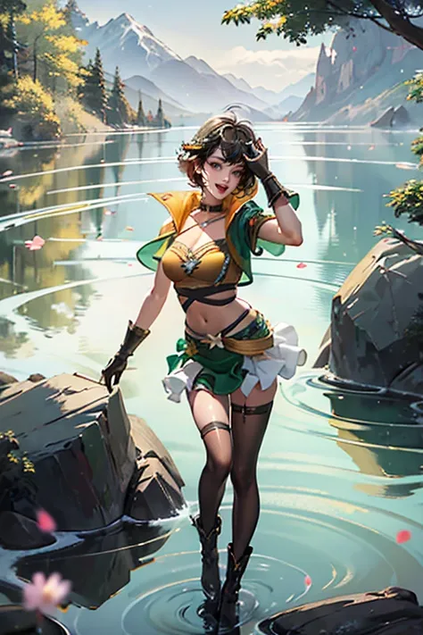 masterpiece,best quality,ultra detailed,high quality,simple_background,perfect anatomy,
full body,standing,looking at viewer,1girl,solo,looking at viewer,display,sitting,solo,petals,water,rock,tree,outdoors,mountain,looking at viewer,
sunsx,navel,green clo...