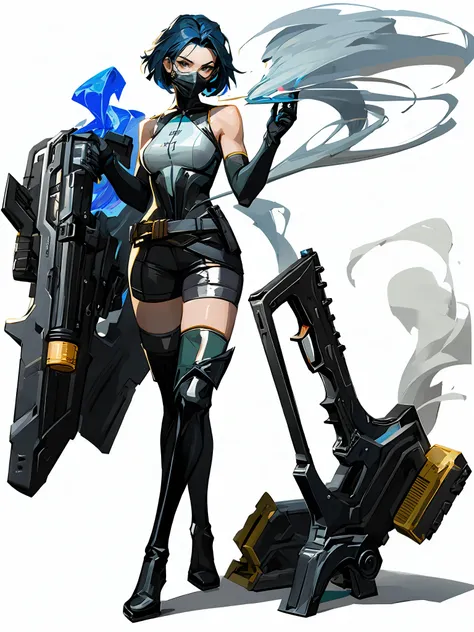 HEZI wa,1girl,gun,weapon,thigh boots,holding,boots,holding gun,solo,holding weapon,mask,thighhighs,green bodysuit,black hair,bodysuit,medium breasts,white background,gloves,short hair,breasts,open hand,handgun,mouth mask,walking,belt,black footwear,black g...