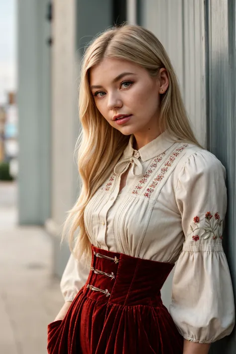 photo of (EPG30rg14T0ff0l0:0.99), closeup portrait, perfect blonde hair, hair flowing over, (modern photo, vermilion loose upper body clothing,  corduroy,  lace trim, flutter sleeves, knee length, natural waist, front pockets,,keyhole back,,ribbons,,paneli...