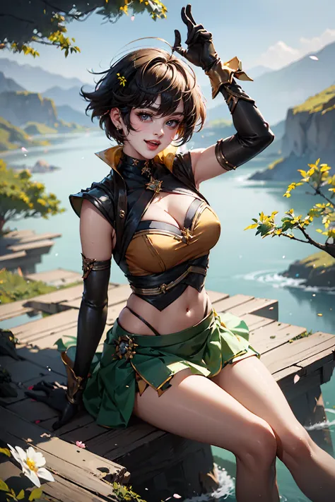 masterpiece,best quality,ultra detailed,high quality,simple_background,perfect anatomy,
full body,looking at viewer,1girl,solo,looking at viewer,display,(sitting:1.2),solo,petals,water,rock,tree,outdoors,mountain,looking at viewer,
sunsx,green long upper s...