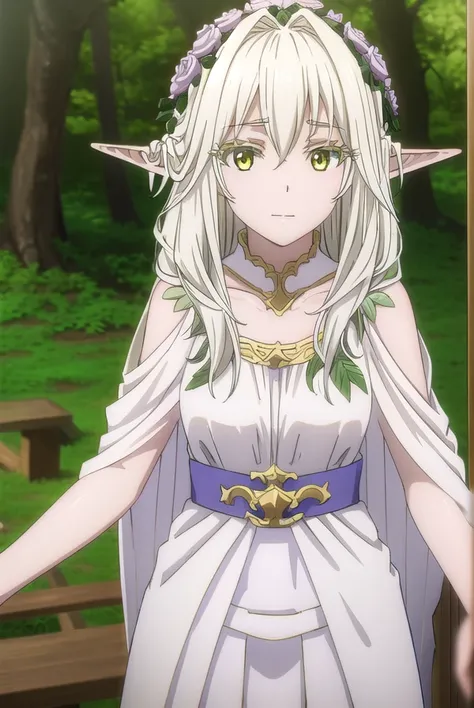 forestprincess, <lora:forest princess s2-lora-nochekaiser:1>,
forest princess, long hair, hair ornament, hair between eyes, (yellow eyes:1.3), white hair, flowers, pointy ears, hair flower, rose, hair intakes, elf, smile,
BREAK dress, collarbone, white dre...