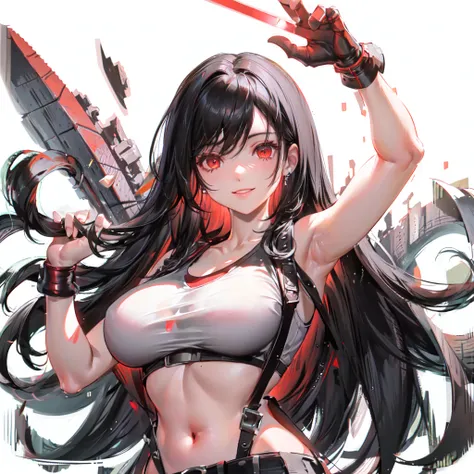 tifa, left bang hair , , , , long hair, white background, transparent background, looking at viewer,  left bang hair, big breast, smile, red eye, black hair, white Sportswear, belt,  