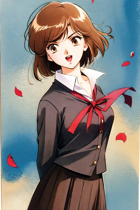 1girl, solo, brown hair, school uniform, smile, ribbon, open mouth, brown eyes, looking at viewer, red eyes, red ribbon, petals, retro artstyle, arms behind back, :d,watercolor (medium),<lora:Narumi Kakinouchi_mix:0.9>