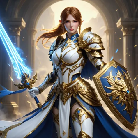 an action shot of a female fantasy game character wielding a golden and blue sword and shield, wearing white armor, heaven in background, HD, masterpiece, best quality, hyper detailed, ultra detailed,