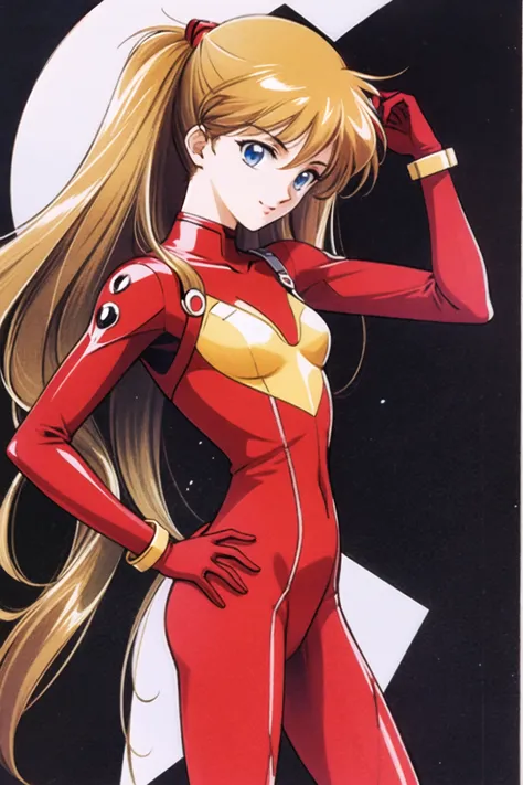 1girl, long hair, plugsuit, bodysuit, souryuu asuka langley, pilot suit, bracer, blue eyes, smile, breasts, bangs, turtleneck, solo, cowboy shot, :d, hair between eyes, gloves, (red bodysuit:1.5), small breasts,looking at viewer, headgear, two side up, han...