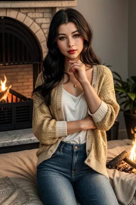 photo of (EPRbyH3xx:0.99), closeup portrait, perfect hair, (modern photo, Harvest Gold Aran sweater cardigan paired with a lace-trimmed camisole and jeans with ballet flats), 24mm, (analog, cinematic, film grain:1.3), ((laundry room, bed, marble stone,jacq...