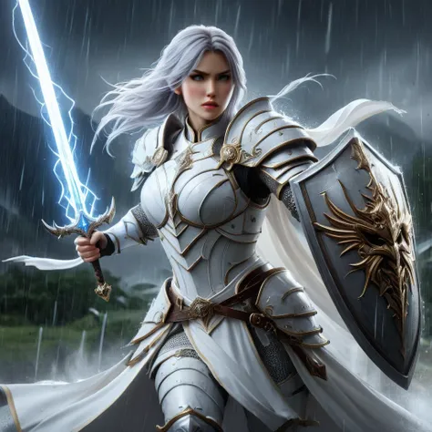 an action shot of a female fantasy game paladin wielding a thunder sword and thunder shield, wearing white armor, raining in background, HD, masterpiece, best quality, hyper detailed, ultra detailed,