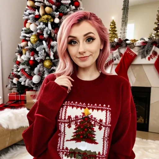 <lora:rolyatistaylor_sd15_512_128_64_v1:1> rolyatistaylor, 1girl pink weavy hair, wearing a christmas sweater, christmas decoration in background, lit fireplace in background