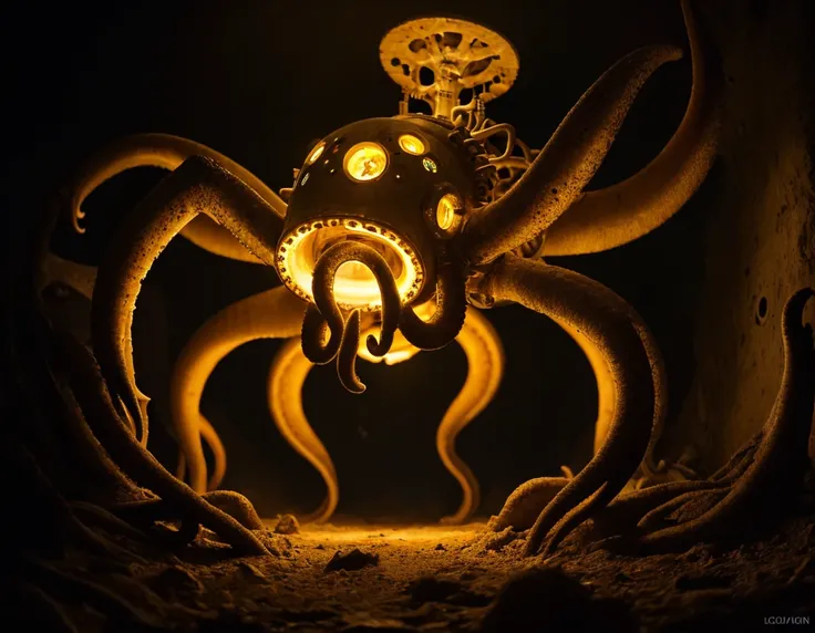 A illustration, digital painting, concept art, scene of Huge octopus cyborg, metallic bone exposed, ((drilling hole)) in abandon area, scary mode, yellow eyes glowing, fantasy, hyperrealistic, artstation, expansive, sci-fi, insanely complex, detailed, colo...