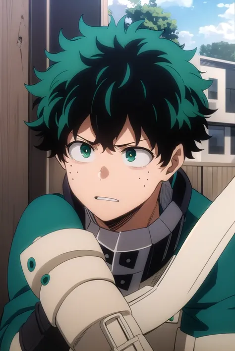 izukumidoriya, <lora:izuku midoriya s3-lora-nochekaiser:1>,
izuku midoriya, midoriya izuku, short hair, (green eyes:1.3), male focus, green hair, messy hair, freckles,
BREAK gloves, belt, white gloves, bodysuit, mask, green bodysuit,
BREAK outdoors,
BREAK ...