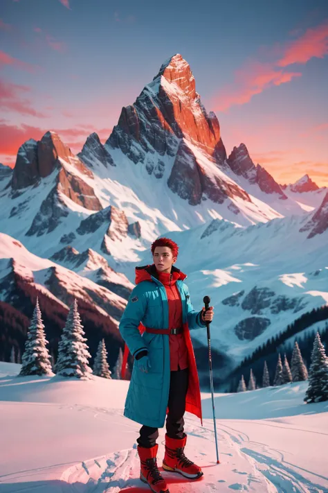 (Style-EMCG:1) (Style-DoF:1) zrpgstyle, standing on a peak with red ski coat, epic landscape scene of alpine mountains against a bright sunset sky (masterpiece) (best quality) (detailed) (intricate)