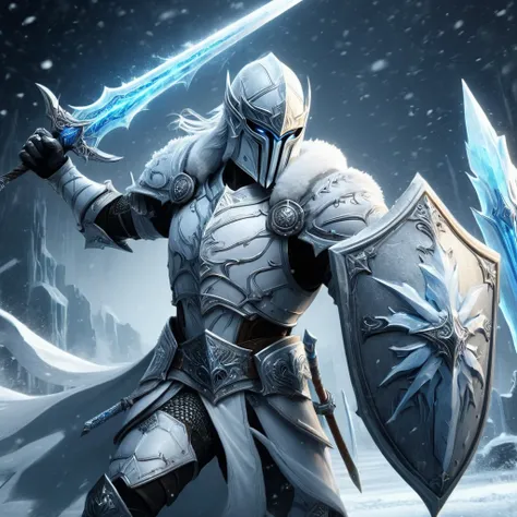 an action shot of a fantasy game character wielding a ice sword and ice shield, wearing white armor, snowing allay in background,, HD, masterpiece, best quality, hyper detailed, ultra detailed,