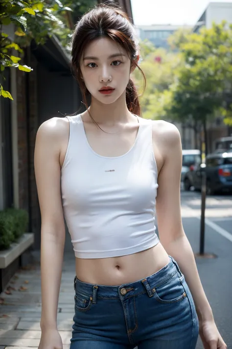 (realistic), (hyperrealism),best quality, masterpiece,ultra high res, (photorealistic:1.4),1girl,pale skin,skinny,(looking at viewer:2), <lora:add_detail:0.6>,outdoor, tank top, mini jeans, navel,
<lora:makina69_goyoonjung_v1.2:1>  , cowboy shoot,