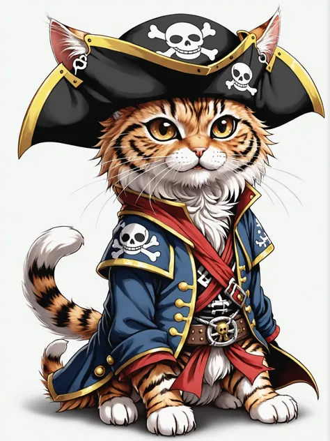 a cute anime cat that wearing a pirate outfit like in the one piece manga, detailed, realistic, 8k uhd, high quality